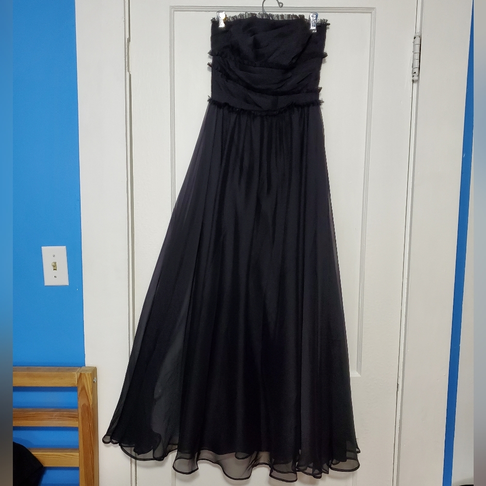 Monique Lhuillier Black Strapless Chiffon FrayedTrim Bodice Bridesmaid Size 0